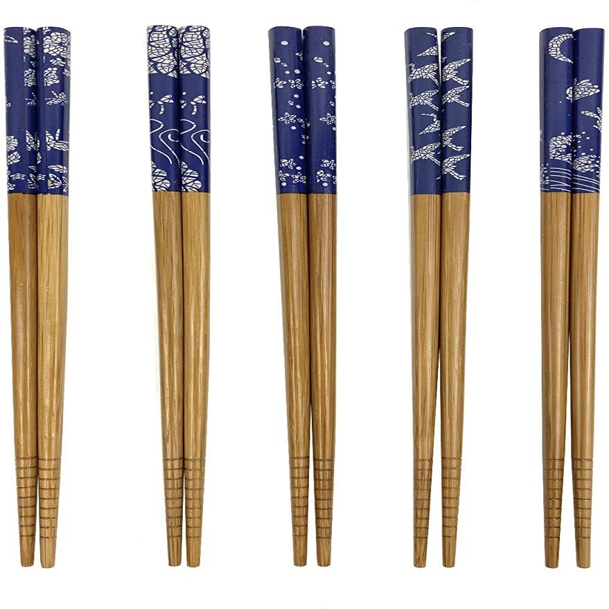 Bamboo Chopsticks Set, Japanese Reusable Wooden Chopsticks with Traditional Pattern Designs, Non Slip Tips Dishwasher Safe Asian Chopsticks for Sushi Ramen Noodles Rice Dining (10, Blue Print)