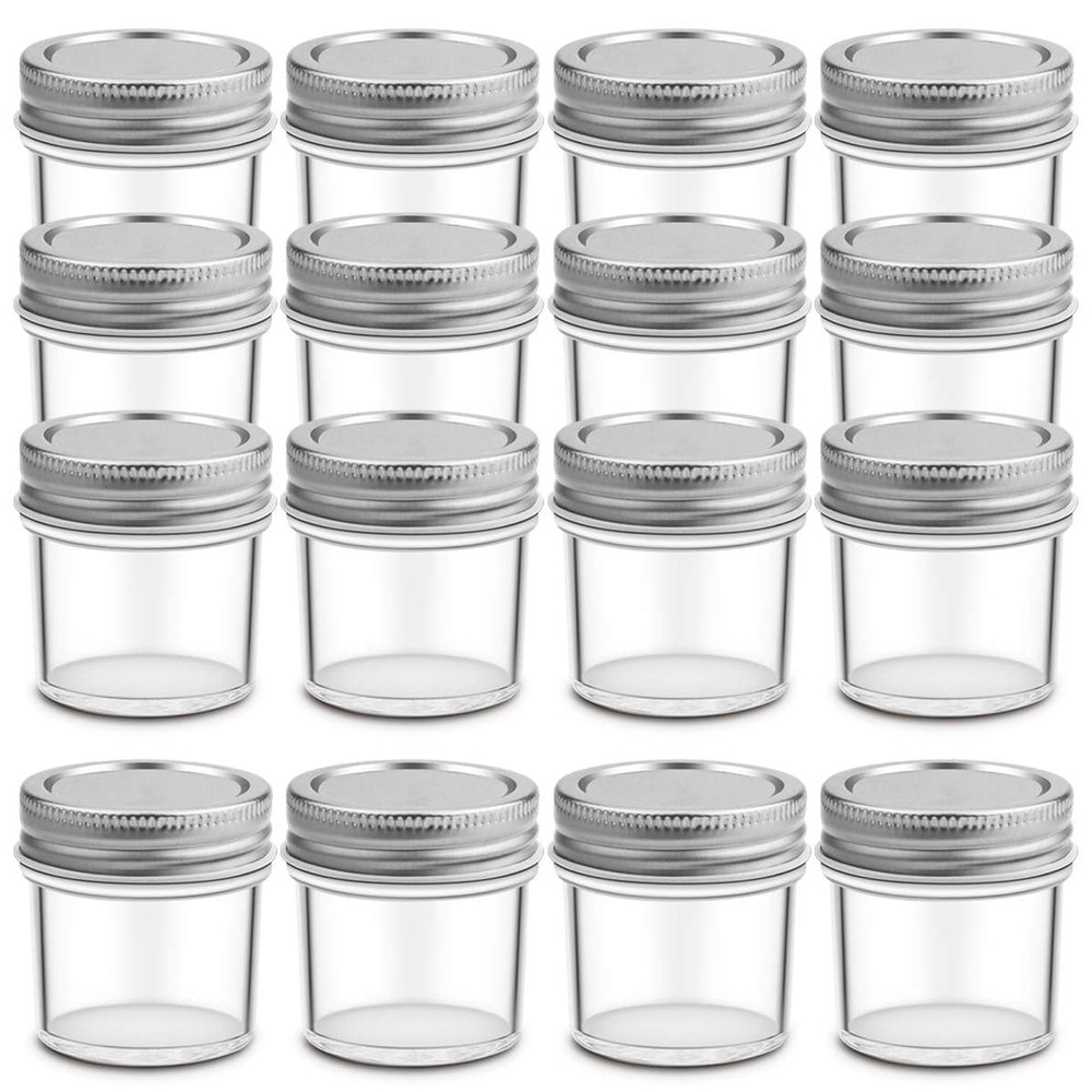 16PACK 2Ounces Glass Jars with Lids,Mini Mason Jar Shot Glasses with Metal Lid,Round Set Glass Jars Canning Storage Jars Containers for Storing Lotions, Powders, and Ointments (16) (16, Silver, 2oz)