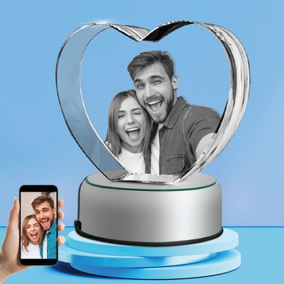 3D Crystal Photo Heart Shape with Rotating LED Light Base, Personalized Gifts with Your Own Photo, Laser Engraving 3D Pictures and Customized Text, Medium