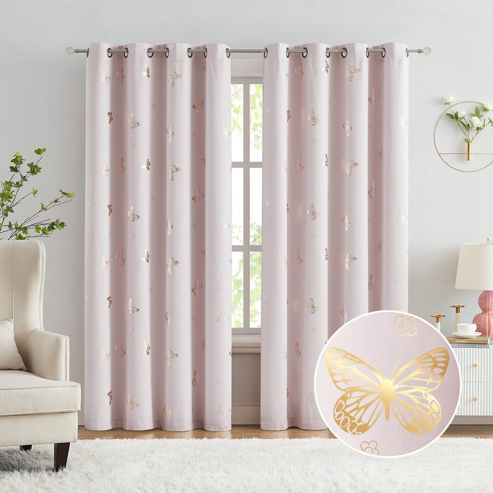 Jubilantex Pink and Gold Butterfly Blackout Curtains 95" Length for Baby Girls Nursery Bedroom 80% Blackout Grommet Window Treatment,1 Pair Lavender Pink/Baby Pink