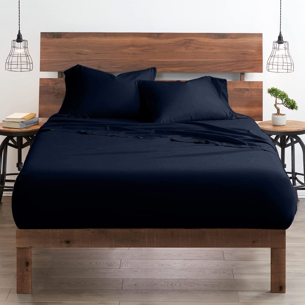 Neighbourhood Home My-100%-Certified-Giza-Cotton-Pillow-Sheet, Giza Egyptian Sheet Set King Size, Soft Sateen Weave, Breathable Fabric, Fits Upto 10-Inch Deep Pocket - King, Navy Blue