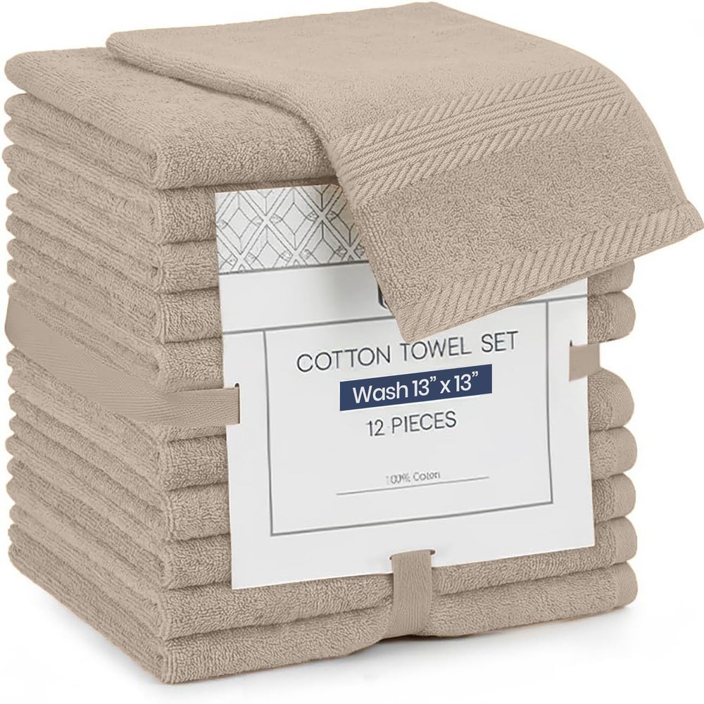 Linteum Textile Supply Premium 13x13 Washcloth (Taupe) 100% Cotton Zero Twist Towels | Absorbent, Quick Dry, Durable for Bathroom, Spa, Gym (12 Pack)