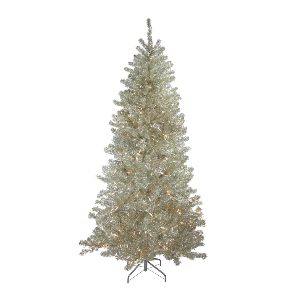 Metallic Sheer Champagne Artificial Tinsel Christmas Tree - 7 ft Clear Lights