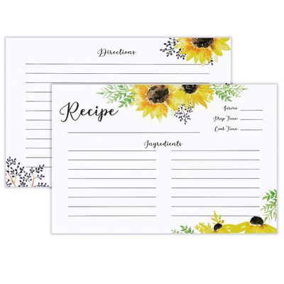 Outshine Recipe Cards| 50 Blank Recipe Cards | Double Sided Thick Card Stock for Recipe Holders - 4x6 50 Ct Sunflower