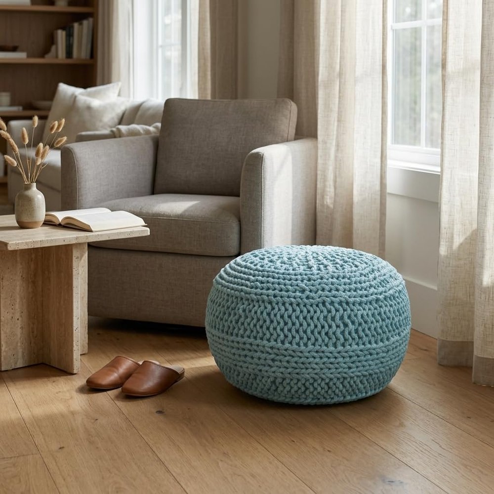 NOORI Home - Premium Luxury 100% Handmade & Handcrafted Cable Style Cotton Knitted Jade Comfortable Knitted Pouf, Ottoman, Footrest, Footstool -Teal Seafoam - 20"x20"x14"