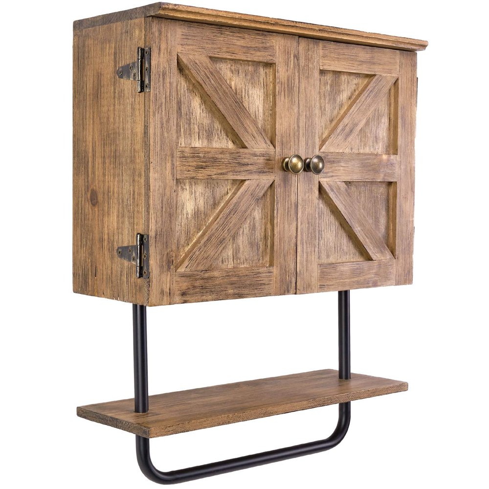 EXCELLO GLOBAL PRODUCTS 17x21'' Barndoor Bathroom Wall Cabinet, Space Saver Storage Cabinet Kitchen Medicine Cabinet with Adjustable Shelf and Towel Bar, Brown