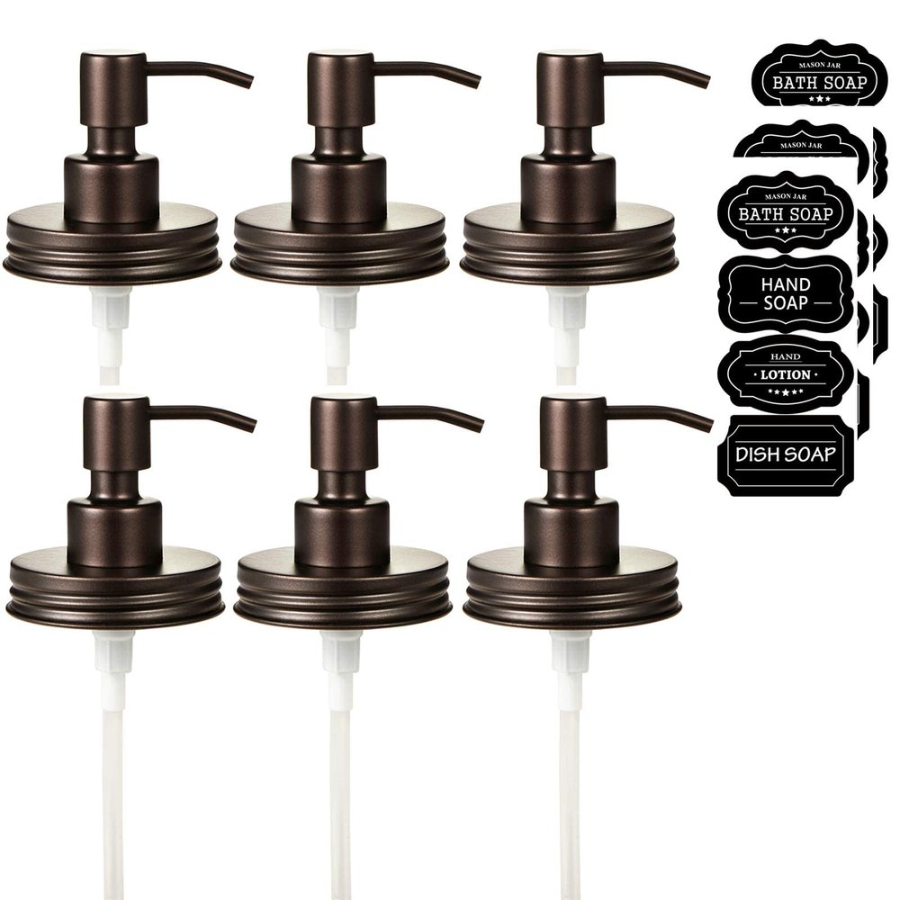 Amolliar Mason Jar Liquid Soap Dispenser Lid, 304 Stainless Steel Pump Lid for 16oz Regular Mouth Mason Jar, Rustic Farmhouse Decor, Hand Soap, Dish Soap, Lotion Soap, Bronze 6Pack, Extra 3 Long Tubes
