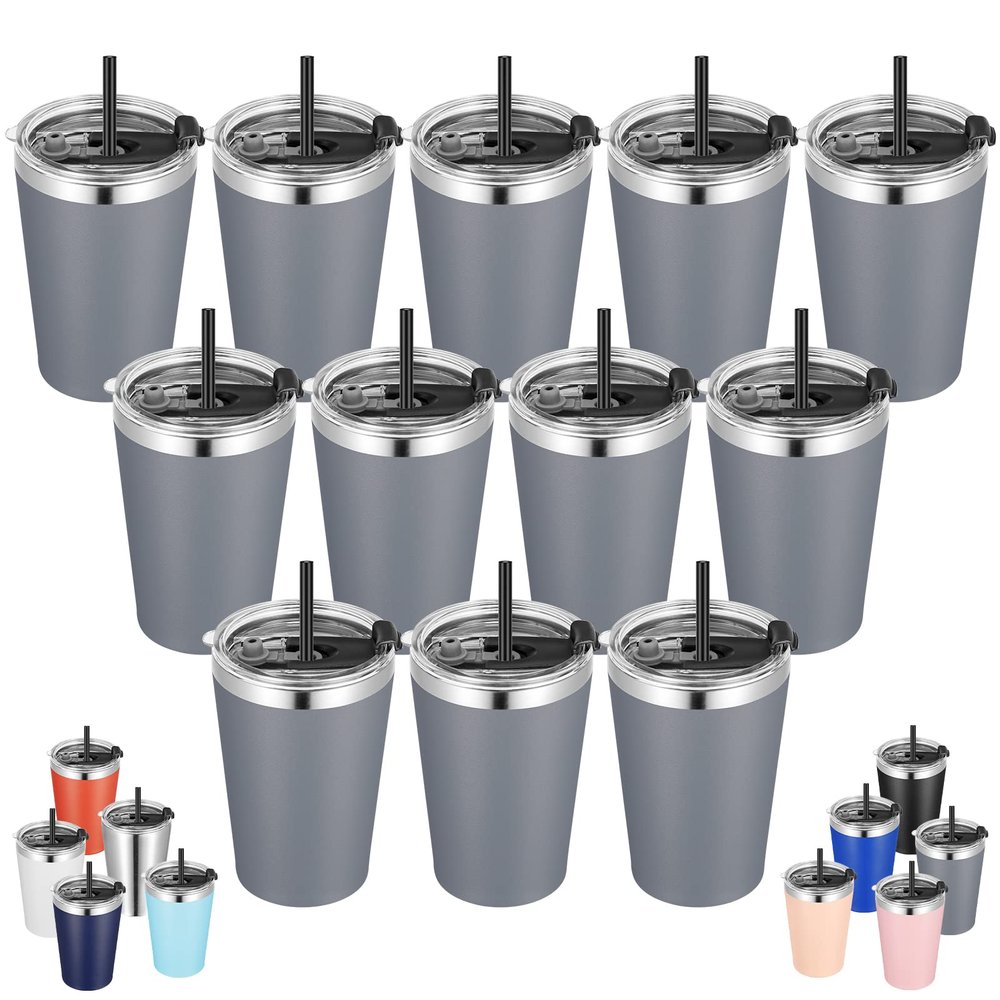 VEGOND 12oz Tumbler Stainless Steel Tumbler bulk Vacuum Insulated Double Wall Travel Tumbler with Lid and Straw Reusable Tumbler, Grey 12 Pack