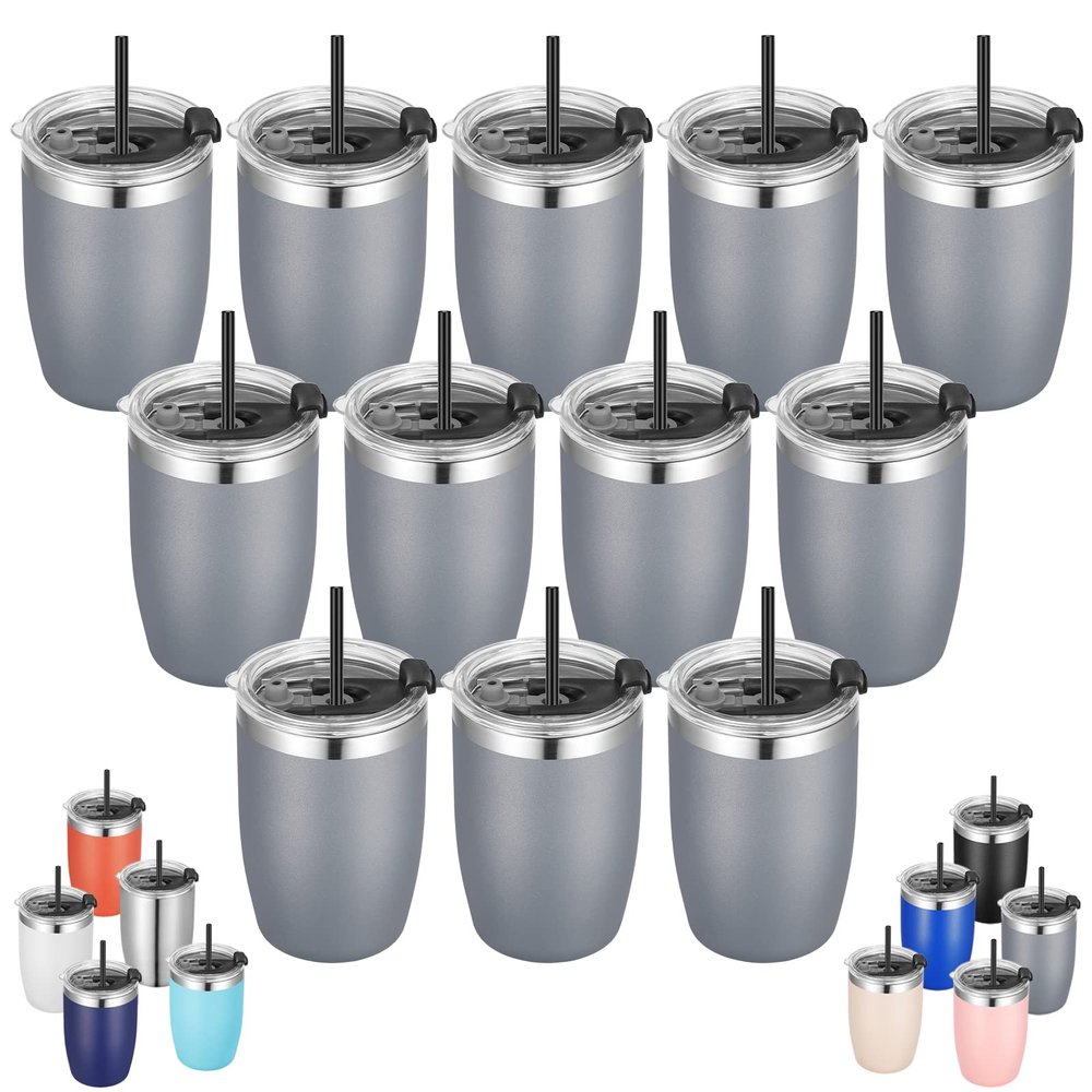 VEGOND Stainless Steel 12 oz Tumblers bulk Vacuum Insulated Double Wall Travel Tumbler with Lid and Straw Reusable Tumbler,Grey 12 pack