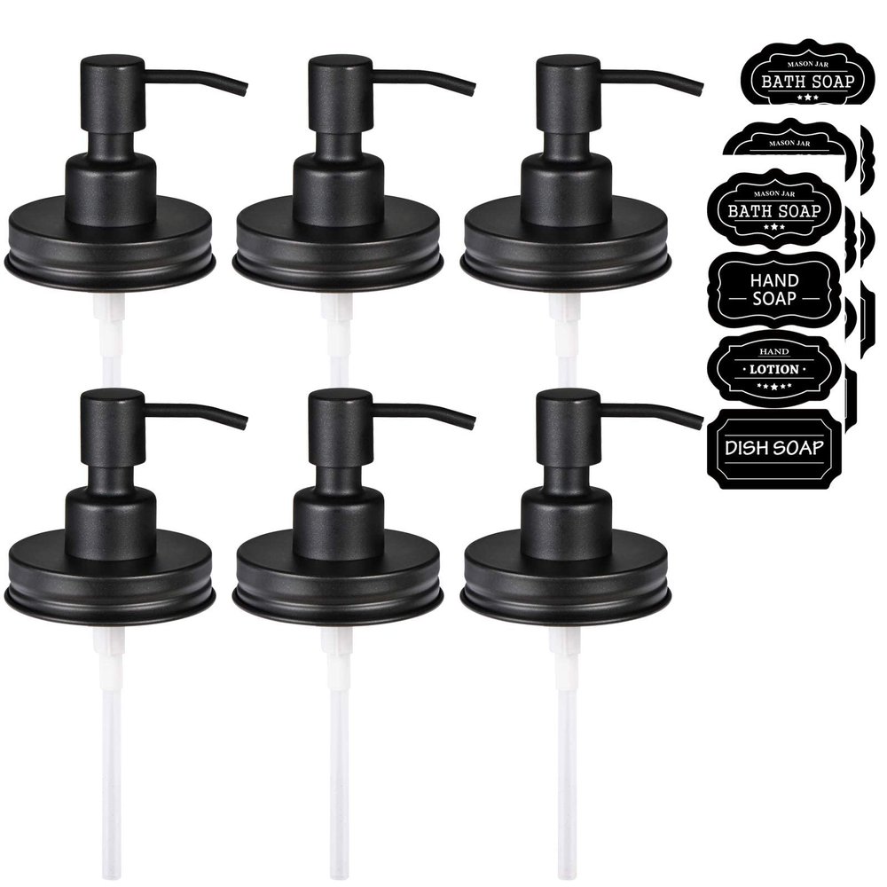 Amolliar Mason Jar Liquid Soap Dispenser Lid, 304 Stainless Steel Pump Lid for 16oz Regular Mouth Mason Jar, Rustic Farmhouse Decor, Hand Soap, Dish Soap, Lotion Soap, Black 6 Pack, Extra 3 Long Tubes