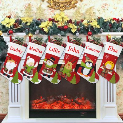 YOUBEMAGIC Set of 6, 18" Dia Lovely Personalized Christmas Stockings with Embroidery Names, Quality Thick Fleece Material Stockings for Family Decor(Santa Mrs.Claus Snowman Deer Penguin Angel)
