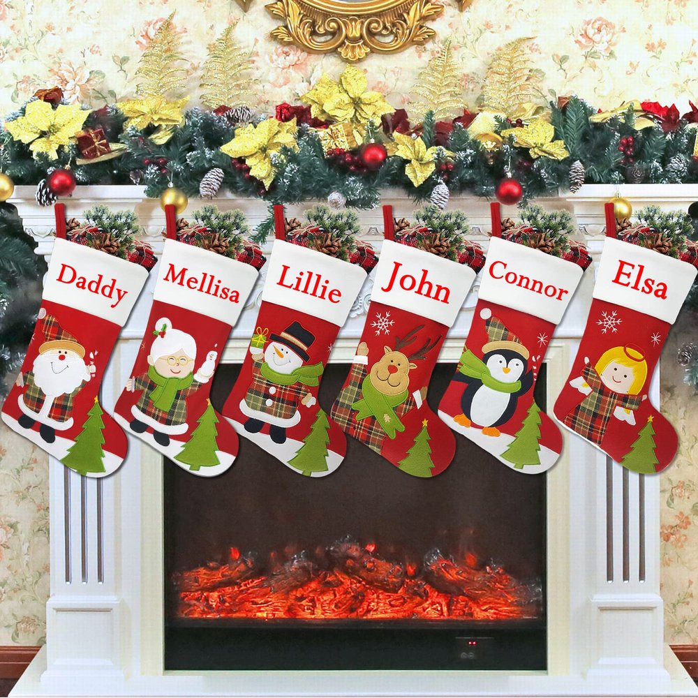 YOUBEMAGIC Set of 6, 18" Dia Lovely Personalized Christmas Stockings with Embroidery Names, Quality Thick Fleece Material Stockings for Family Decor(Santa Mrs.Claus Snowman Deer Penguin Angel)