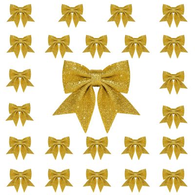 Whaline 24pcs 5.5'' Christmas Bow Decorations, Gold Wreaths Bows, Small Christmas Tree Bow Sequin Bow Ties, Xmas Decorative Bows Ornaments for Home Christmas Party