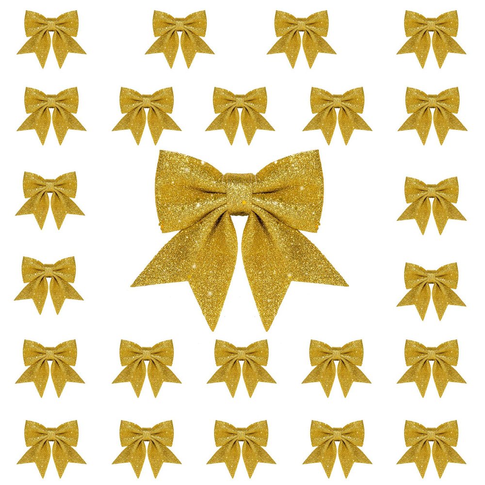 Whaline 24pcs 5.5'' Christmas Bow Decorations, Gold Wreaths Bows, Small Christmas Tree Bow Sequin Bow Ties, Xmas Decorative Bows Ornaments for Home Christmas Party