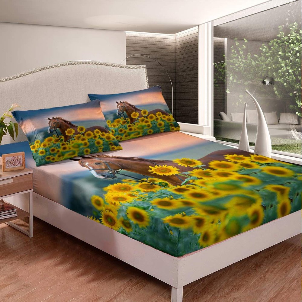 Feelyou Farmhouse Bed Sheets Horse and Sunflower Sheet Set Botanical Floral Bedding Farm Animal Flower Fitted Sheet Queen Size Includes 1 Sheets & 2 Pillowcases (No Flat Sheet)