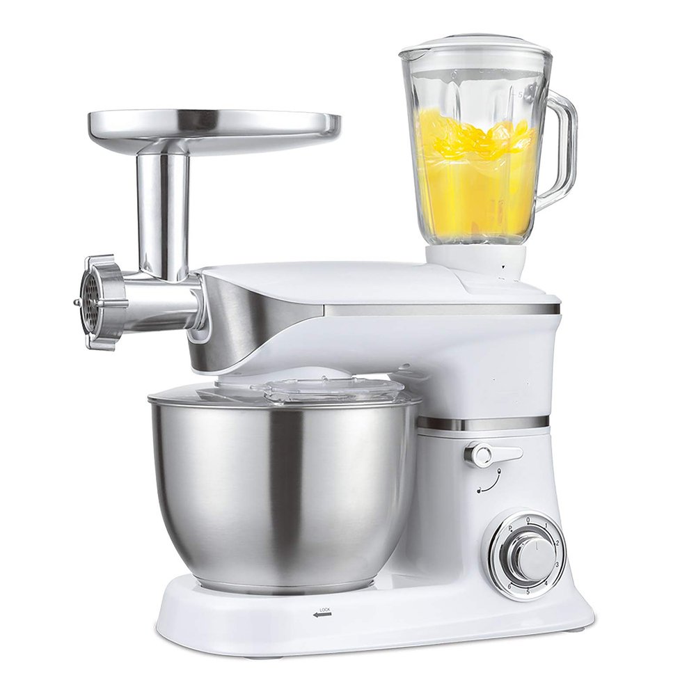 3 in 1 Stand Mixer, Food Processor, 1300W Kitchen Food Mixer with 6 Speed and Pulse, Home mixer stand up with 6.5L Stainless Steel Bowl, Dough Hook, Whisk, Beater, and Juice Extractor,White
