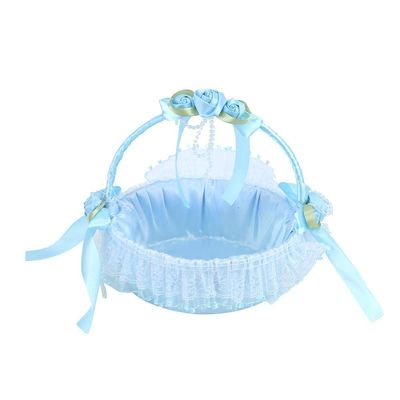 Taidda- Beautiful Vibrant Decorative Exquisite Lace Flower Basket, Flower Girl Baskets Candy Container with Lace, Satin Flowers Bowknot Basket for Wedding Ceremony Engagement Party Decoration, Blue