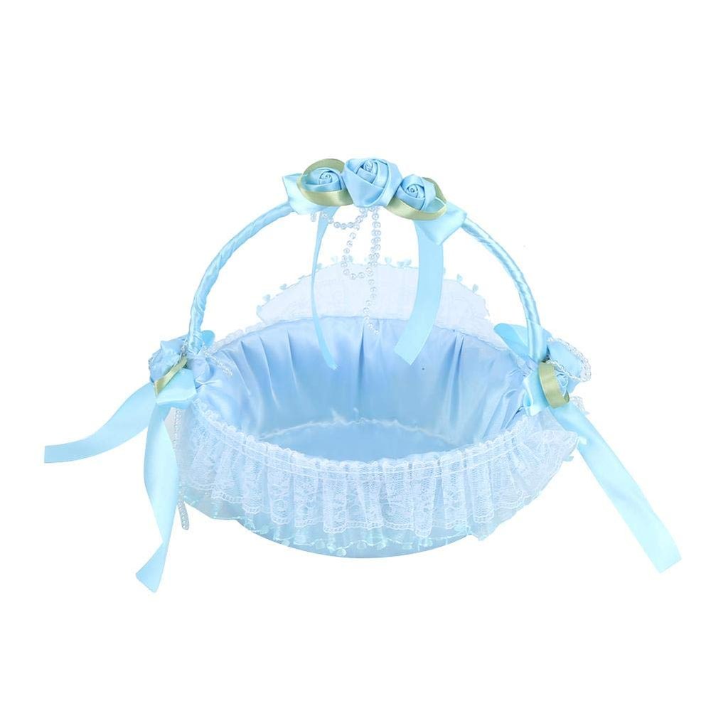 Taidda- Beautiful Vibrant Decorative Exquisite Lace Flower Basket, Flower Girl Baskets Candy Container with Lace, Satin Flowers Bowknot Basket for Wedding Ceremony Engagement Party Decoration, Blue