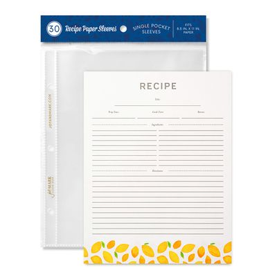Jot & Mark Recipe Card Paper Full Page 8.5x11 with Crystal Clear Page Protectors for 3 Ring Binder, 30 Count (Lemon Twist) - Recipe Cards