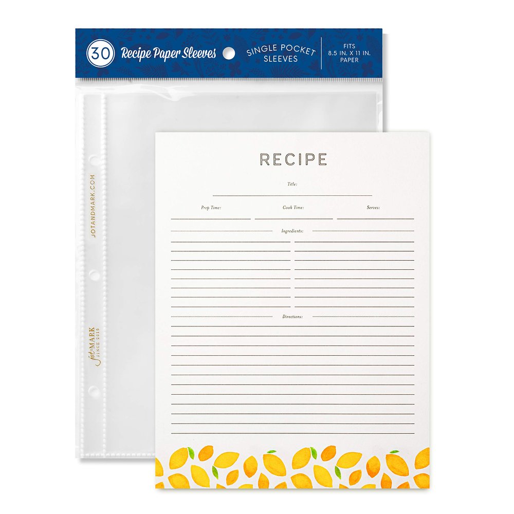 Jot & Mark Recipe Card Paper Full Page 8.5x11 with Crystal Clear Page Protectors for 3 Ring Binder, 30 Count (Lemon Twist) - Recipe Cards