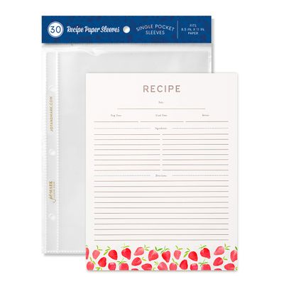 Jot & Mark Recipe Card Paper Full Page 8.5x11 with Crystal Clear Page Protectors for 3 Ring Binder, 30 Count (Strawberry Wilds) - Recipe Cards