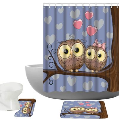 Amagical Two Cute Owls Sitting On A Brunch Purple Background 3 Piece Bathroom Mat Set Shower Curtain Set Bath Mat Contour Mat Shower Curtain with 12 Hooks