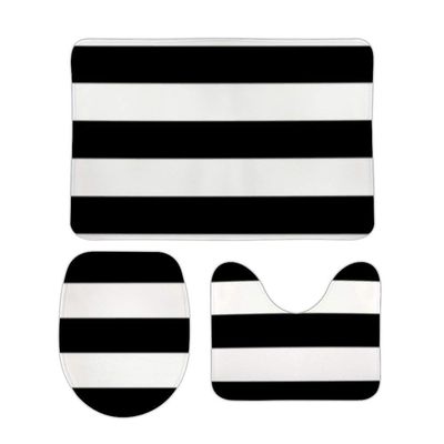 3pcs Black and White Stripe Bathroom Mat Set,U Shape Bathrooms Carpets Toilet Rugs Non-Slip Absorbent Bath Rugs Mats,Bathroom Accessories,Bathroom Decor