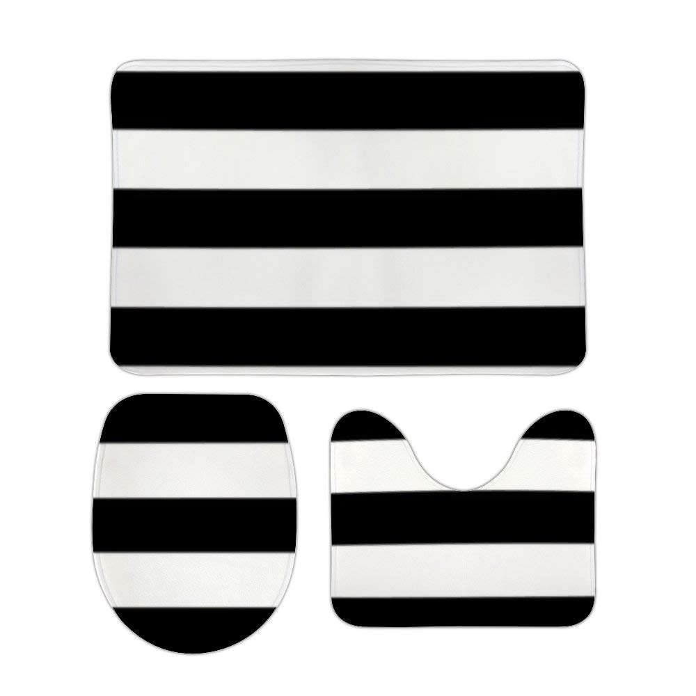 3pcs Black and White Stripe Bathroom Mat Set,U Shape Bathrooms Carpets Toilet Rugs Non-Slip Absorbent Bath Rugs Mats,Bathroom Accessories,Bathroom Decor