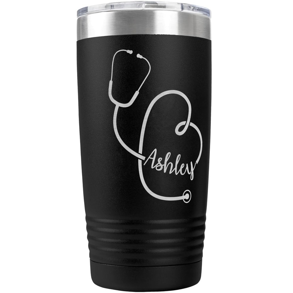 PlaqueMaker Personalized 20-oz Nurse, Doctor, Veterinarian or Medical Professional Tumbler - Add A Name Within The Stethoscope to Make it Special to the Recipient. (Black)