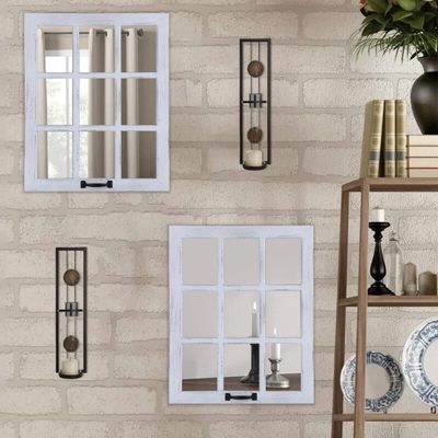LOSOUR Decorative Mirror-Distressed Wood Windowpane Mirror- Rustic Home Decoration Window Frame Wall Mirror with Hanging Hardware for Farmhouse Bedroom Living Room Bathroom Kitchen (2, 18Wx23L)
