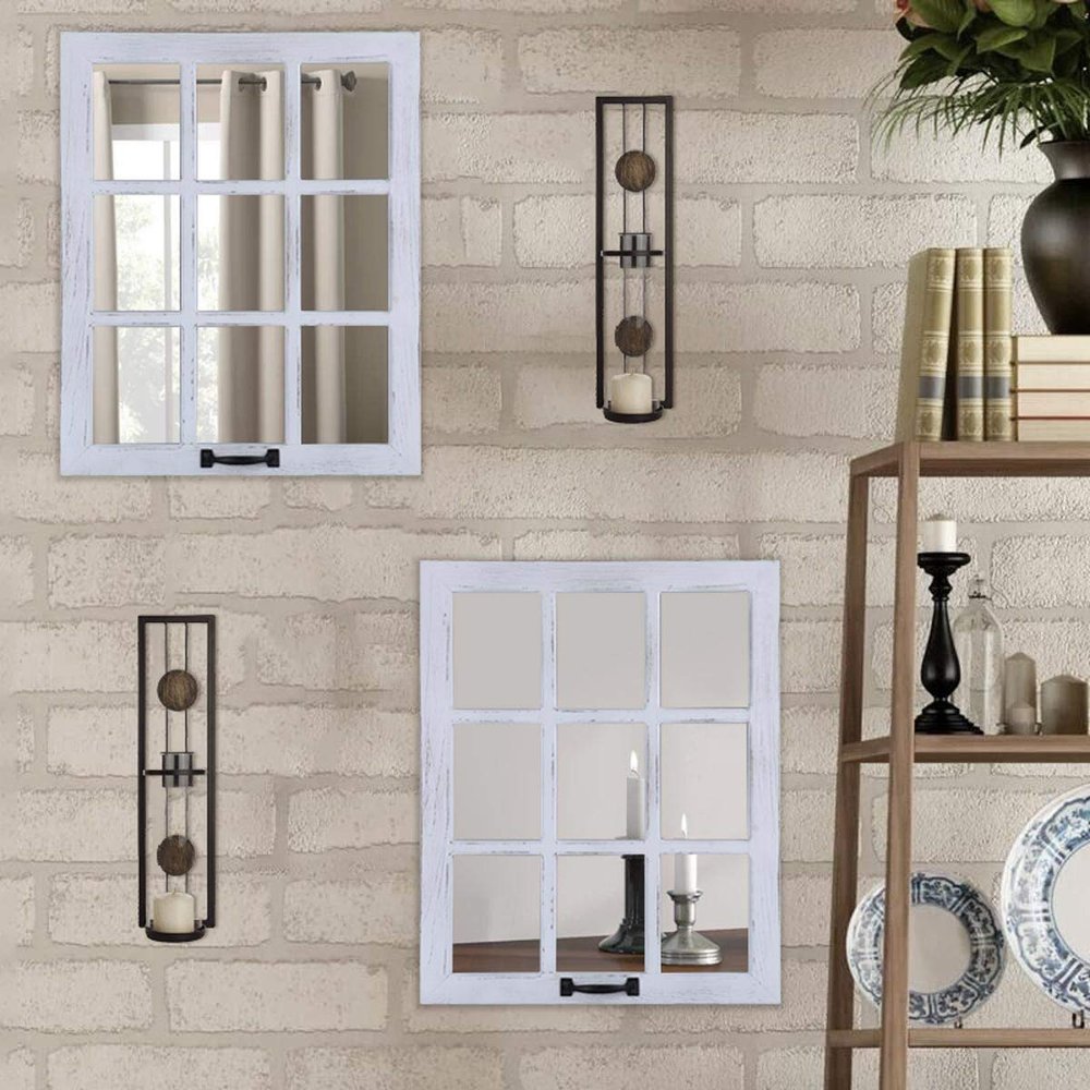 LOSOUR Decorative Mirror-Distressed Wood Windowpane Mirror- Rustic Home Decoration Window Frame Wall Mirror with Hanging Hardware for Farmhouse Bedroom Living Room Bathroom Kitchen (2, 18Wx23L)
