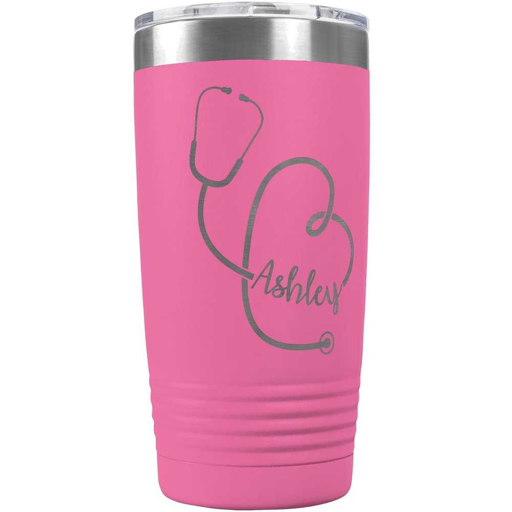 PlaqueMaker Personalized 20-oz Nurse, Doctor, Veterinarian or Medical Professional Tumbler - Add A Name Within The Stethoscope to Make it Special to the Recipient. (Pink)