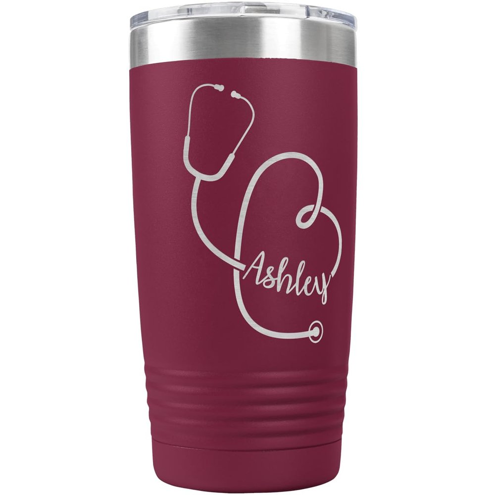 PlaqueMaker Personalized 20-oz Nurse, Doctor, Veterinarian or Medical Professional Tumbler - Add A Name Within The Stethoscope to Make it Special to the Recipient. (Maroon)