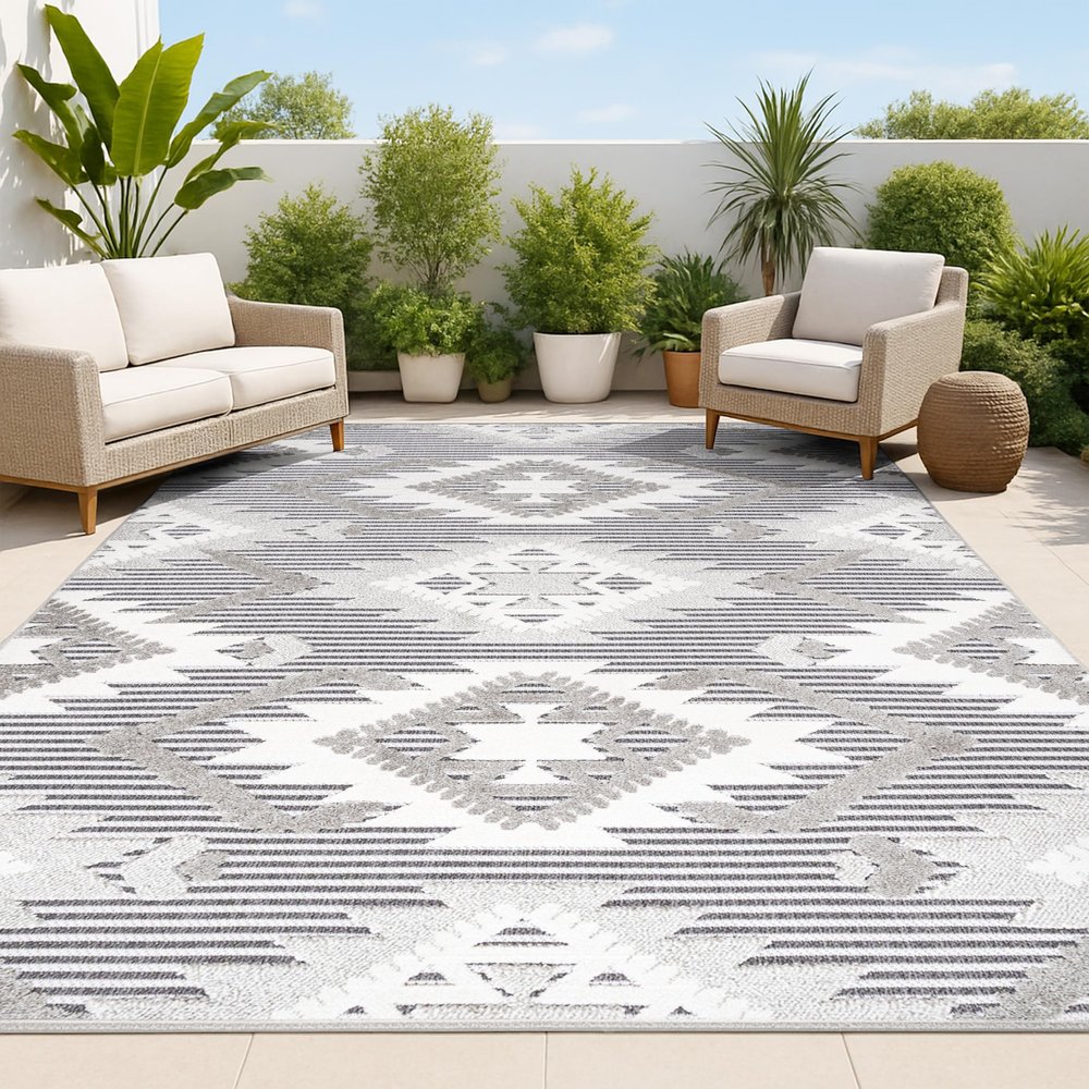 JONATHAN Y Neutral Diamond Kilim Indoor Outdoor Area Rug 4X6 Gray/White/Black, Sumak High-Low Pile for Backyard, Patio, Porch, Easy-Cleaning, High Traffic, Pet-Friendly, Non-Shedding (SBH107B-4)