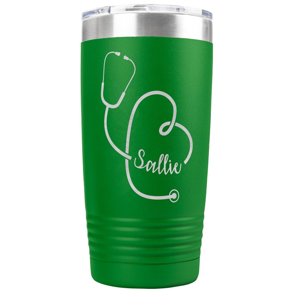 PlaqueMaker Personalized 20-oz Nurse, Doctor, Veterinarian or Medical Professional Tumbler - Add A Name Within The Stethoscope to Make it Special to the Recipient. (Green)