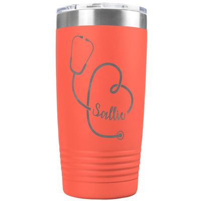PlaqueMaker Personalized 20-oz Nurse, Doctor, Veterinarian or Medical Professional Tumbler - Add A Name Within The Stethoscope to Make it Special to the Recipient. (Coral)
