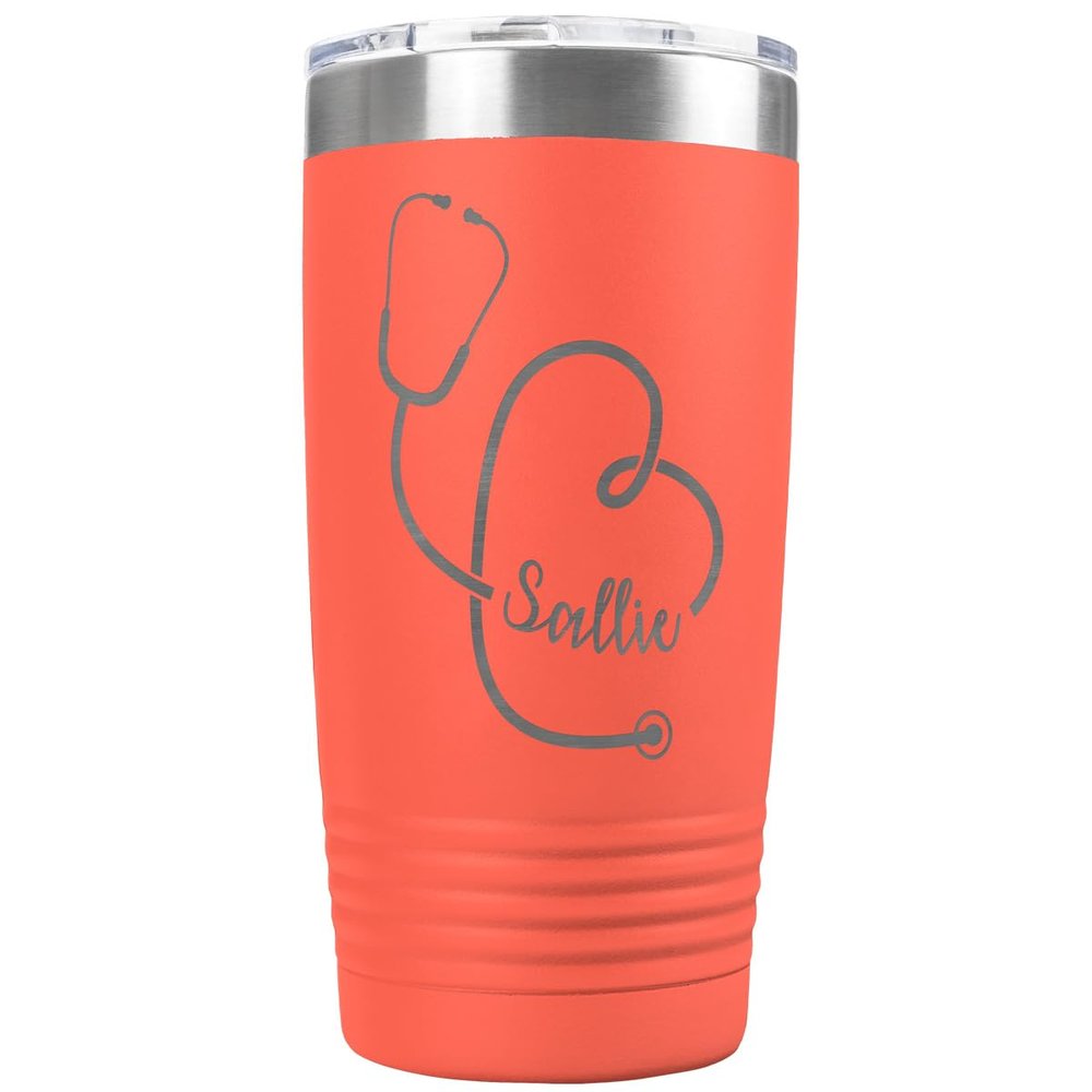 PlaqueMaker Personalized 20-oz Nurse, Doctor, Veterinarian or Medical Professional Tumbler - Add A Name Within The Stethoscope to Make it Special to the Recipient. (Coral)