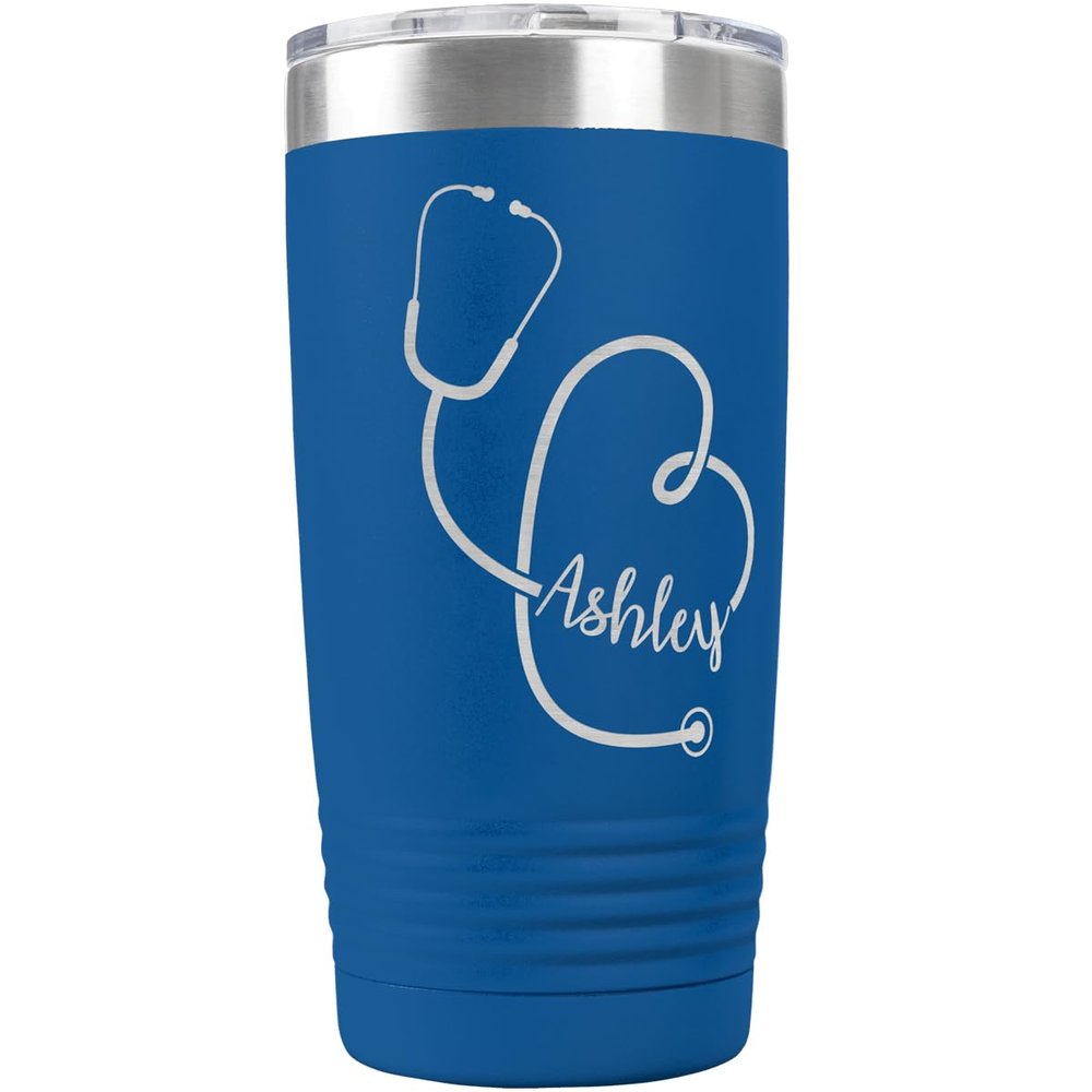 PlaqueMaker Personalized 20-oz Nurse, Doctor, Veterinarian or Medical Professional Tumbler - Add A Name Within The Stethoscope to Make it Special to the Recipient. (Blue)