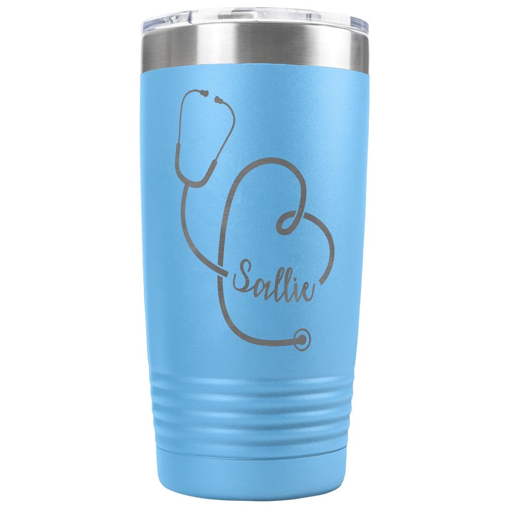 PlaqueMaker Personalized 20-oz Nurse, Doctor, Veterinarian or Medical Professional Tumbler - Add A Name Within The Stethoscope to Make it Special to the Recipient. (Light Blue)