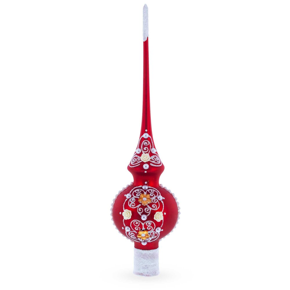 Golden Flowers and Silver Swirls on Red Glass Christmas Tree Topper 11 Inches