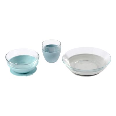 BEABA 3-Piece Glass Meal Set with Suction Pad, Toddler Plate and Baby Bowls with Suction, Non Slip Kids Dinnerware Set, 2.5x Stronger than Regular Glass, (Rain)