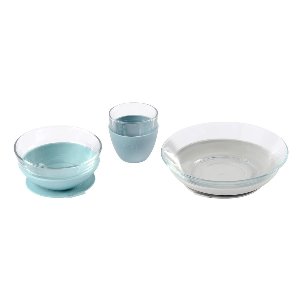 BEABA 3-Piece Glass Meal Set with Suction Pad, Toddler Plate and Baby Bowls with Suction, Non Slip Kids Dinnerware Set, 2.5x Stronger than Regular Glass, (Rain)