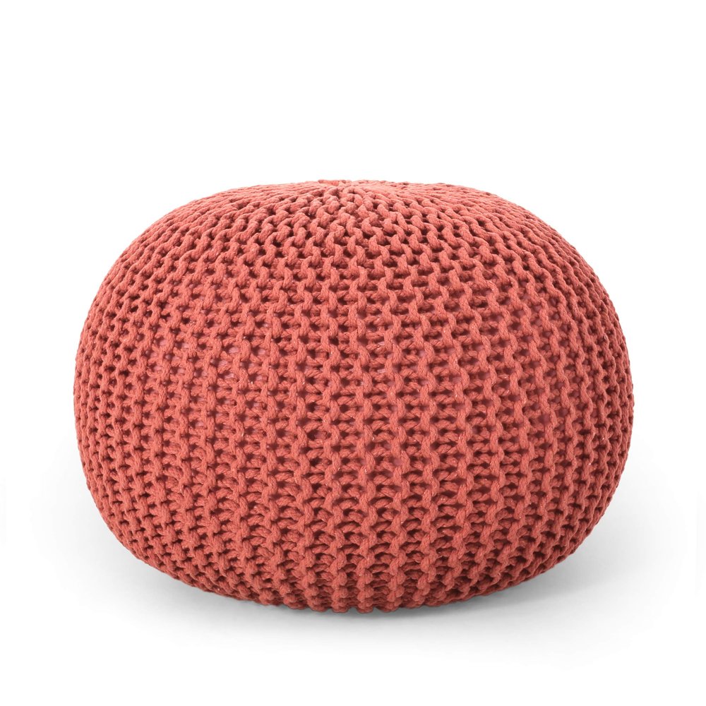 Nahunta Knitted Round Pouf - Cotton - Coral