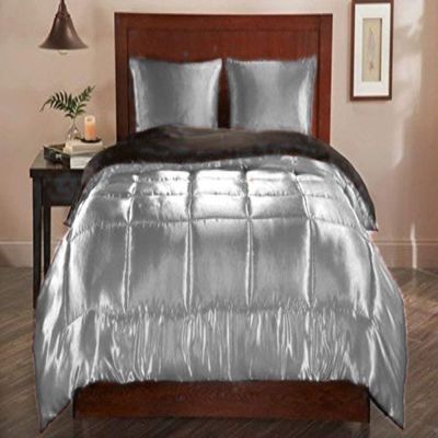 Amuze Bedding Luxurious Super Soft & Silky Satin Warm(3 PCs Comforter and 2 Pillow Shams Set,Silver Grey, Full/Queen) Premium Quality 500 GSM