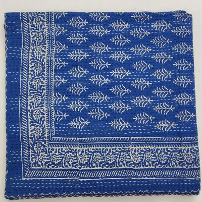 INDIANHANDICRAFTS India Hand Block Printed Kantha Bedcover Vintage pure Cotton Quilt big tree printed Bedspread Queen Blue Indigo Kantha Quilt sanganeri Gudari 013