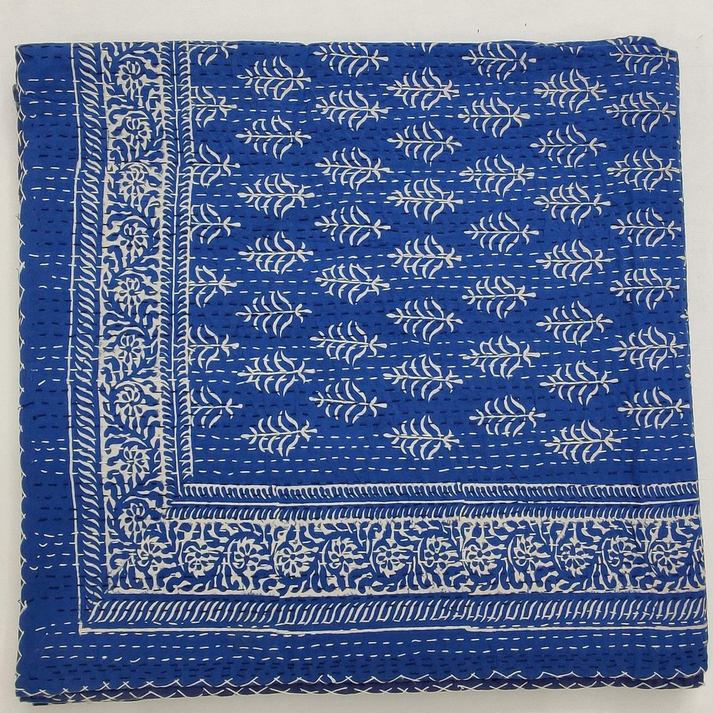 INDIANHANDICRAFTS India Hand Block Printed Kantha Bedcover Vintage pure Cotton Quilt big tree printed Bedspread Queen Blue Indigo Kantha Quilt sanganeri Gudari 013