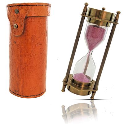 Brass Sand Timer with Dual Side Direction Compass 3-4 Minute Sand Clock, with Leather Box, Old time Sand Clock for Office/Home/Kitchen Decorative Item Gift for Everyone