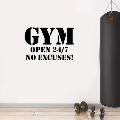Gym Open 24/7 No Excuses! Wall Decal Door Mural Gym Motivation Inspirational Fitness Vinyl Decor Sticker (22"W x 14"H)