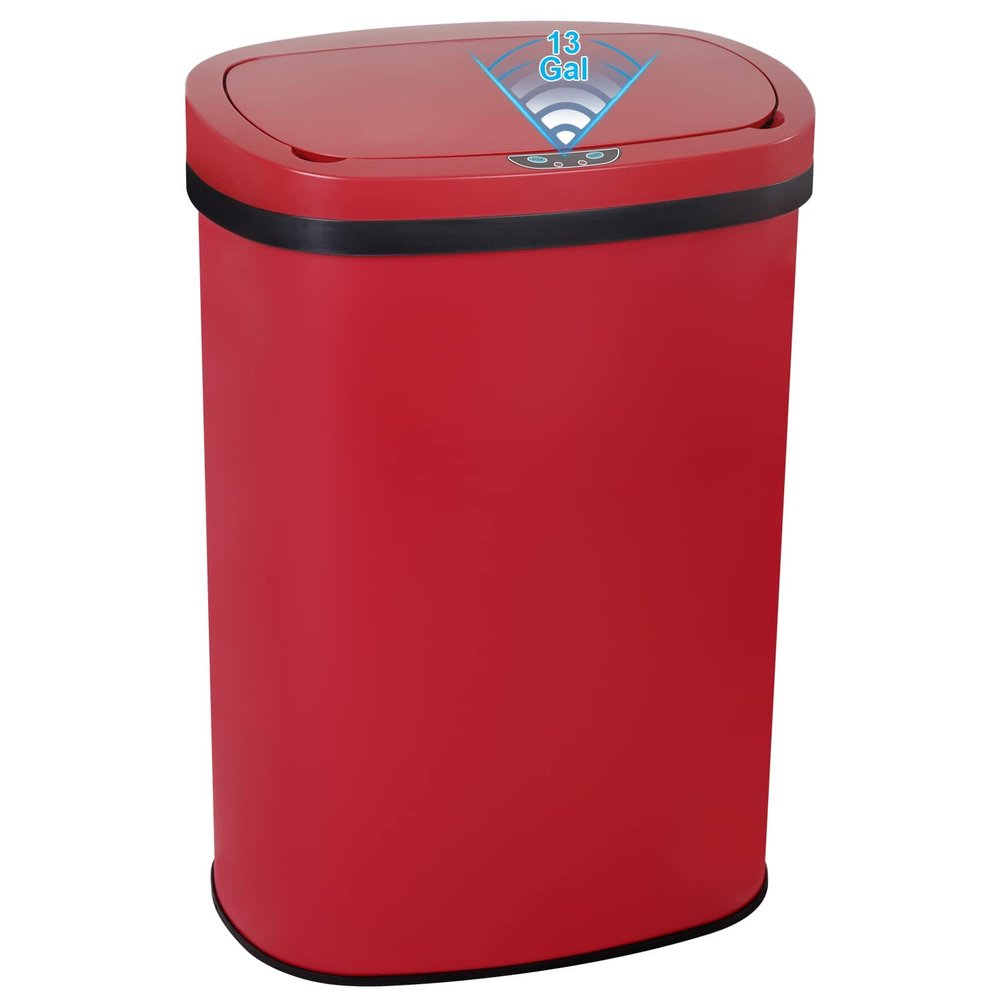 Bigacc 13 Gallon 50L Touch Free Automatic Stainless Steel Trash Can Garbage Can Metal Trash Bin with Lid for Kitchen Living Room Office Bathroom, Electronic Motion Sensor Automatic Trash Can - Red