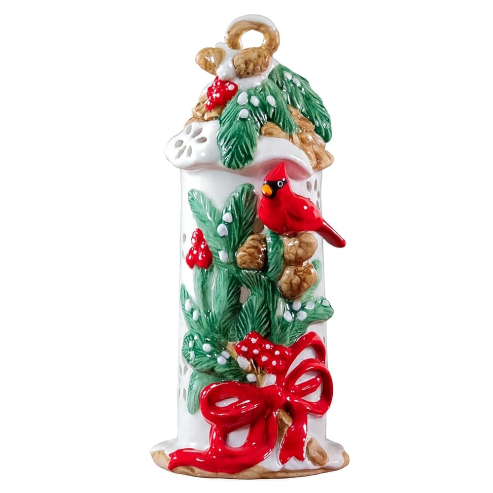 Blue Sky Ceramics Holly Berry Cardinal Bird Candle House Candle Holder